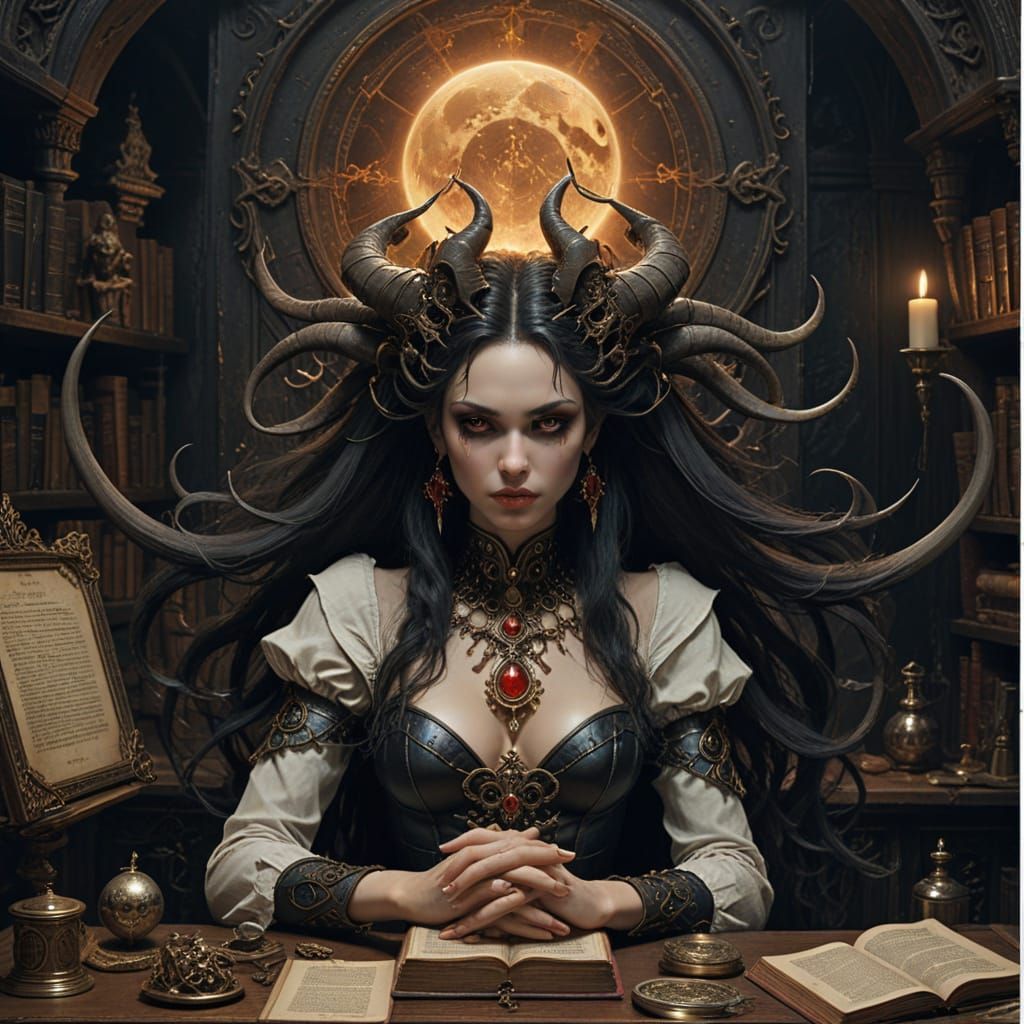 Supersized Sorceress Studies Ancient Tomes in Mystical Study...