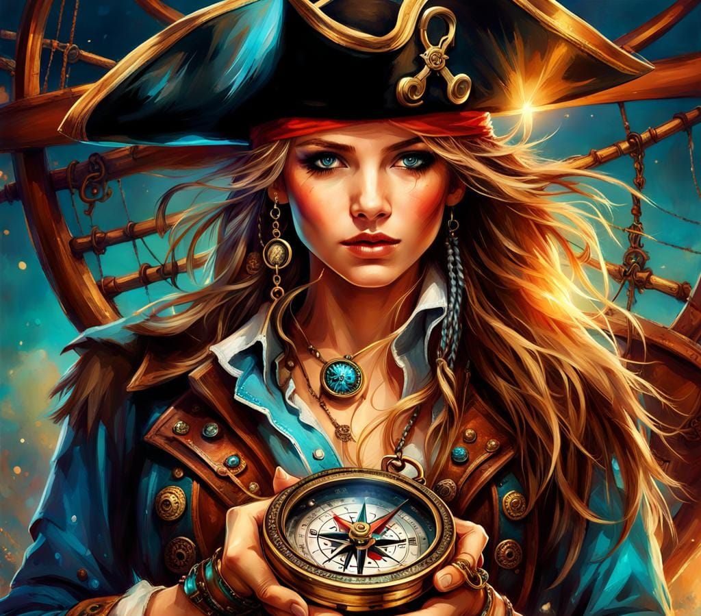 Enchanting Pirate Girl with Compass, Hyper-Detailed Art