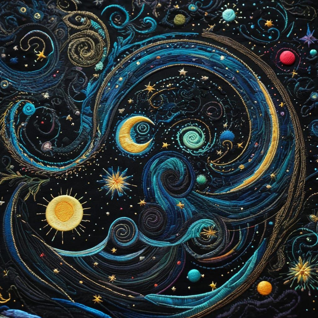 Surreal Embroidered Cosmic Tapestry in Vibrant Colors