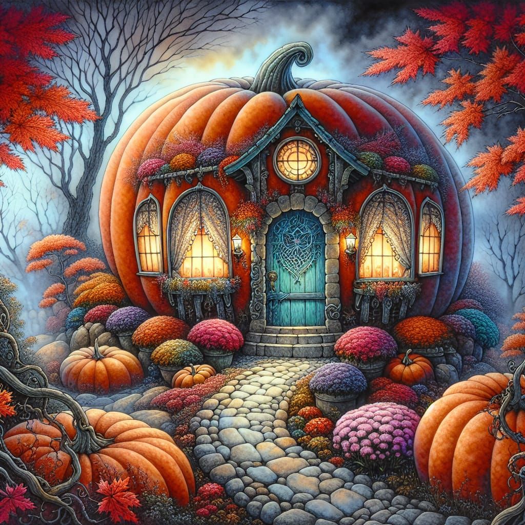Whimsical Pumpkin House in Surreal Alcohol Ink Style