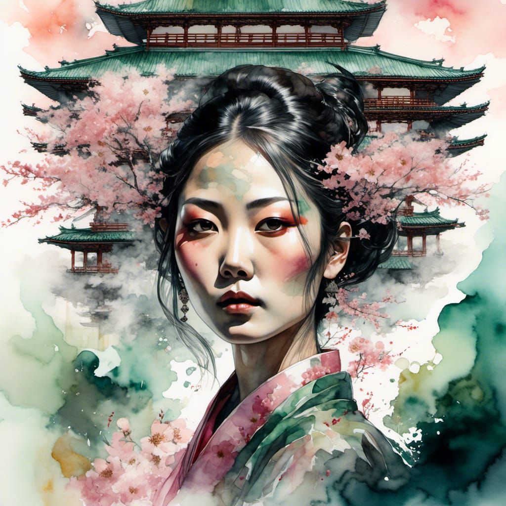 Celestial Asian Woman in Dystopian Japan: Digital Rendering