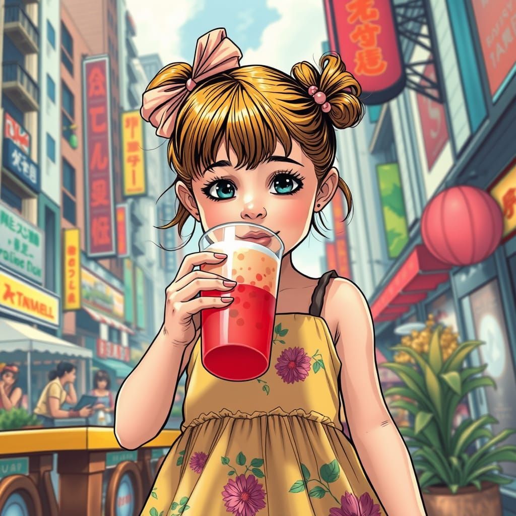 Girl Sipping Boba Tea in Comic Book Style
