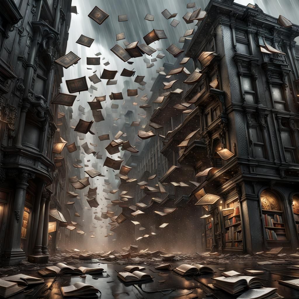 Ornate Books Rain on Gritty Cityscape