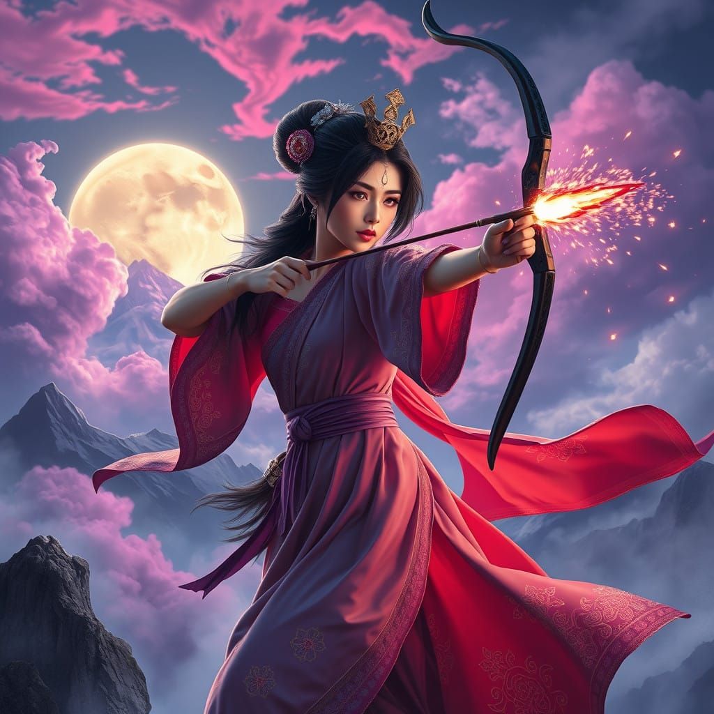 Ethereal Archon Fires a Celestial Arrow Under Starlit Mounta...