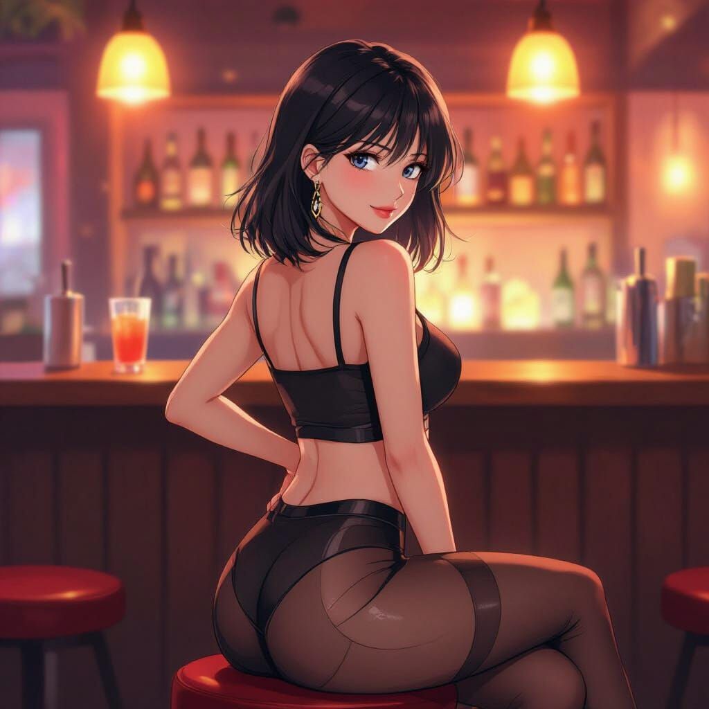Elegant Anime Woman in Bar Scene, Inspired by Vibrant Anime ...
