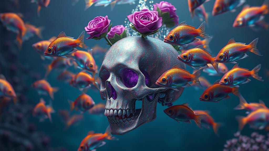 Surreal Underwater Scene with Crystal Skull and Vibrant Rose...