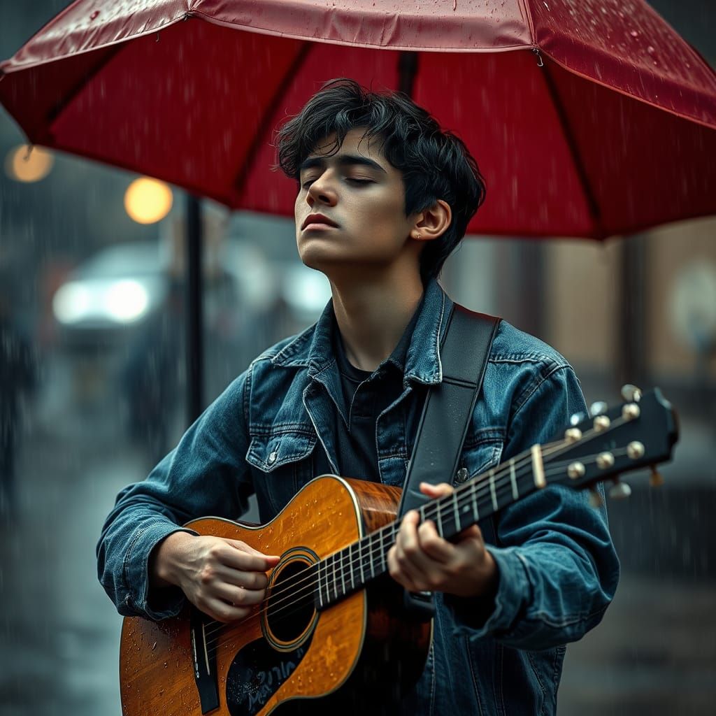 Busker Plays Guitar in Torrential Rain: Hyperrealistic Image