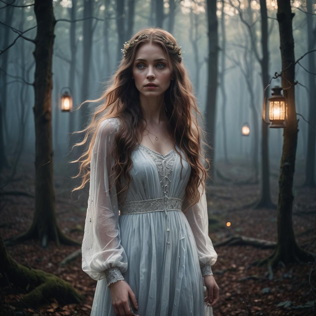 Heartbroken Girl in Misty Forest, Ethereal Oil Painting