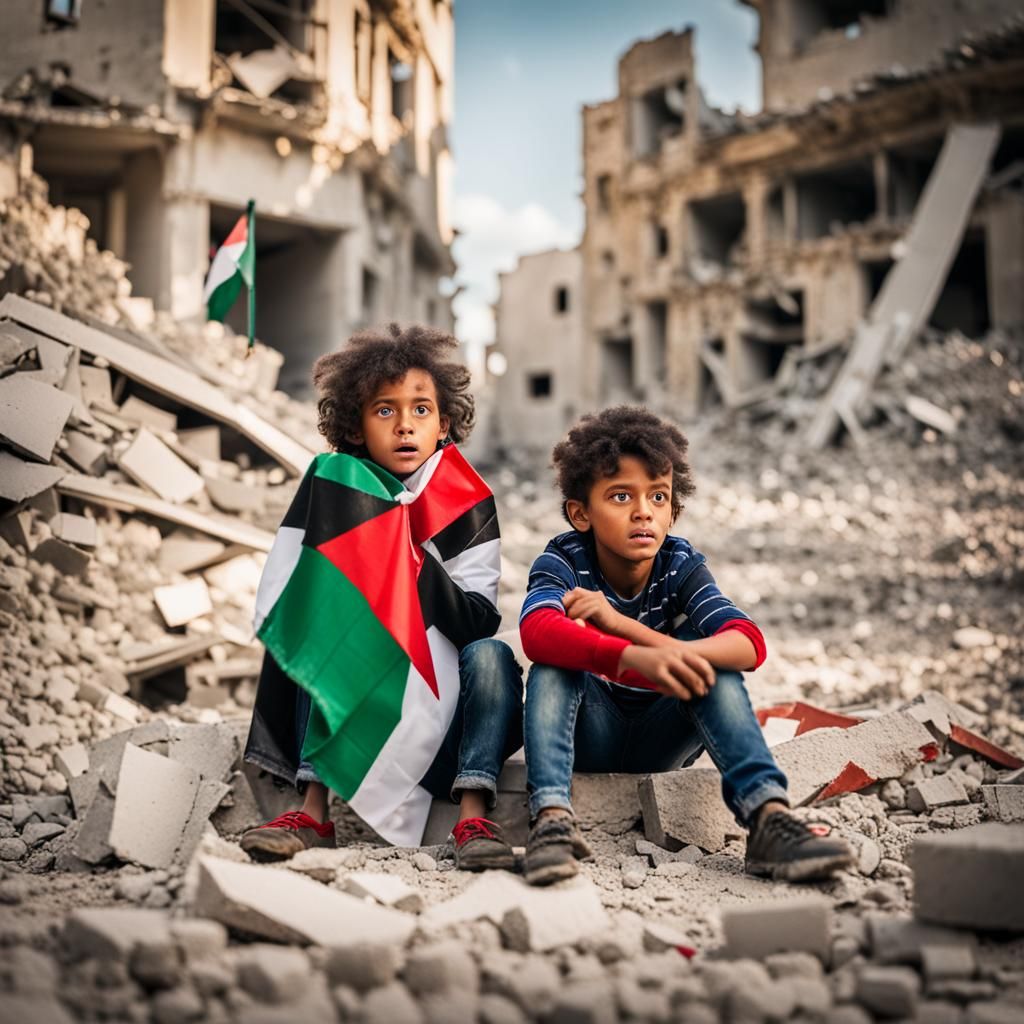 Children in Ruins Holding Palestine Flag: Photography