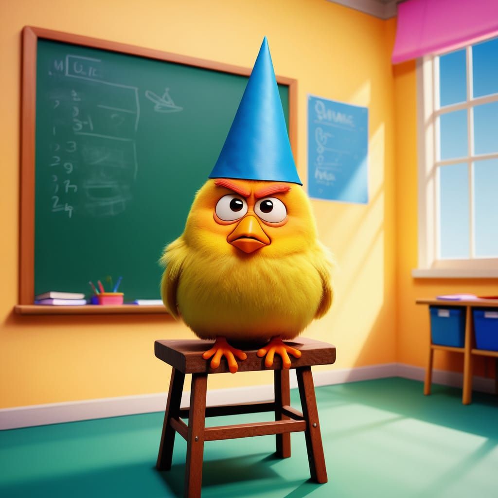 Grumpy Chick Cartoon in Classroom Corner