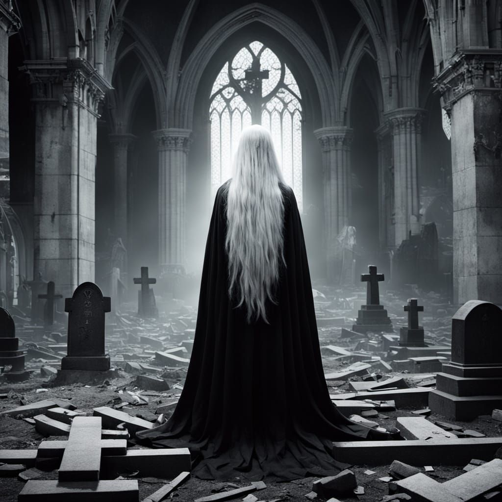 Ghostly Figure in Ruined Cathedral at Night