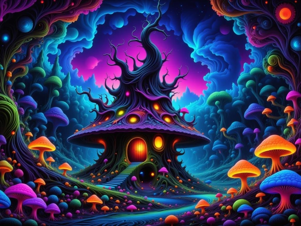 Baba Yaga's Hut in Vintage Blacklight Style