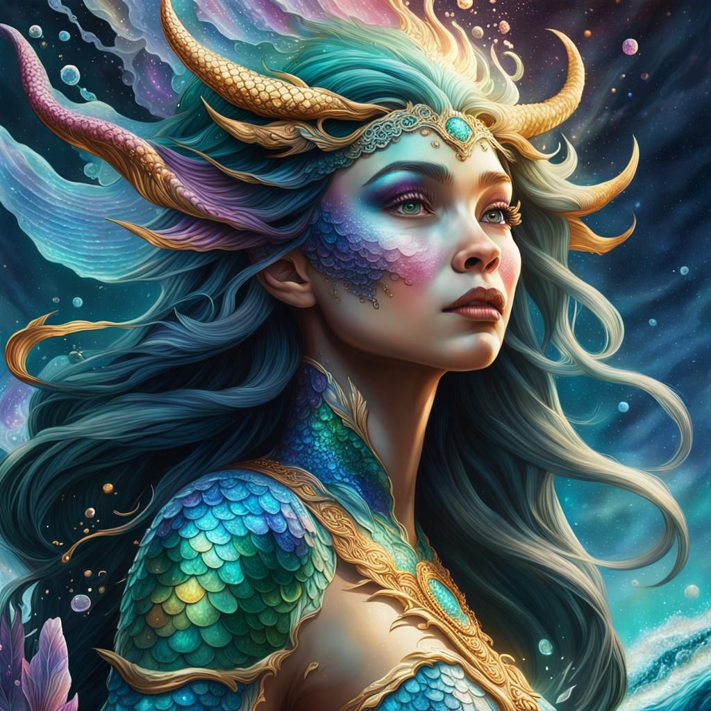 Cosmic Mermaid Goddess in a Hyperrealistic Dreamscape