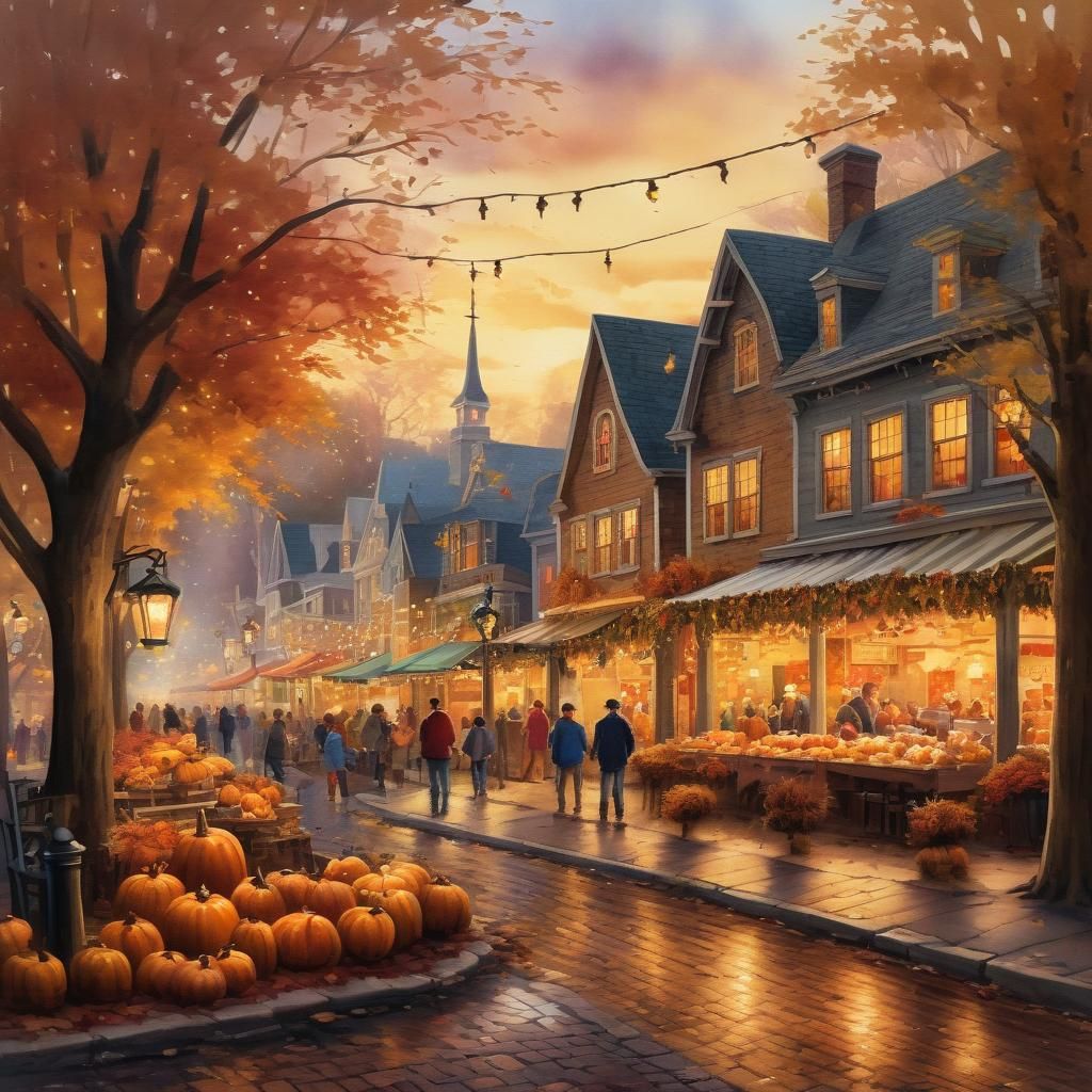 Whimsical Watercolor of Autumn Festival in Town Square