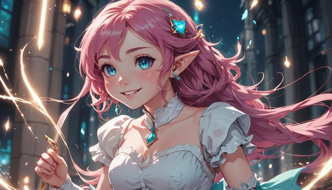 Anime Elf Healer with Pink Hair and Magic Lights