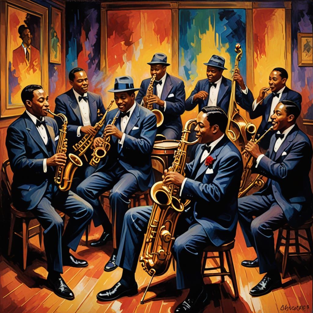 Energetic Jazz Club Scene with Gestural Brushstrokes