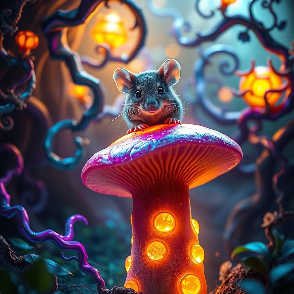 Mouse on Iridescent Mushroom in Fantasy Matte Painting
