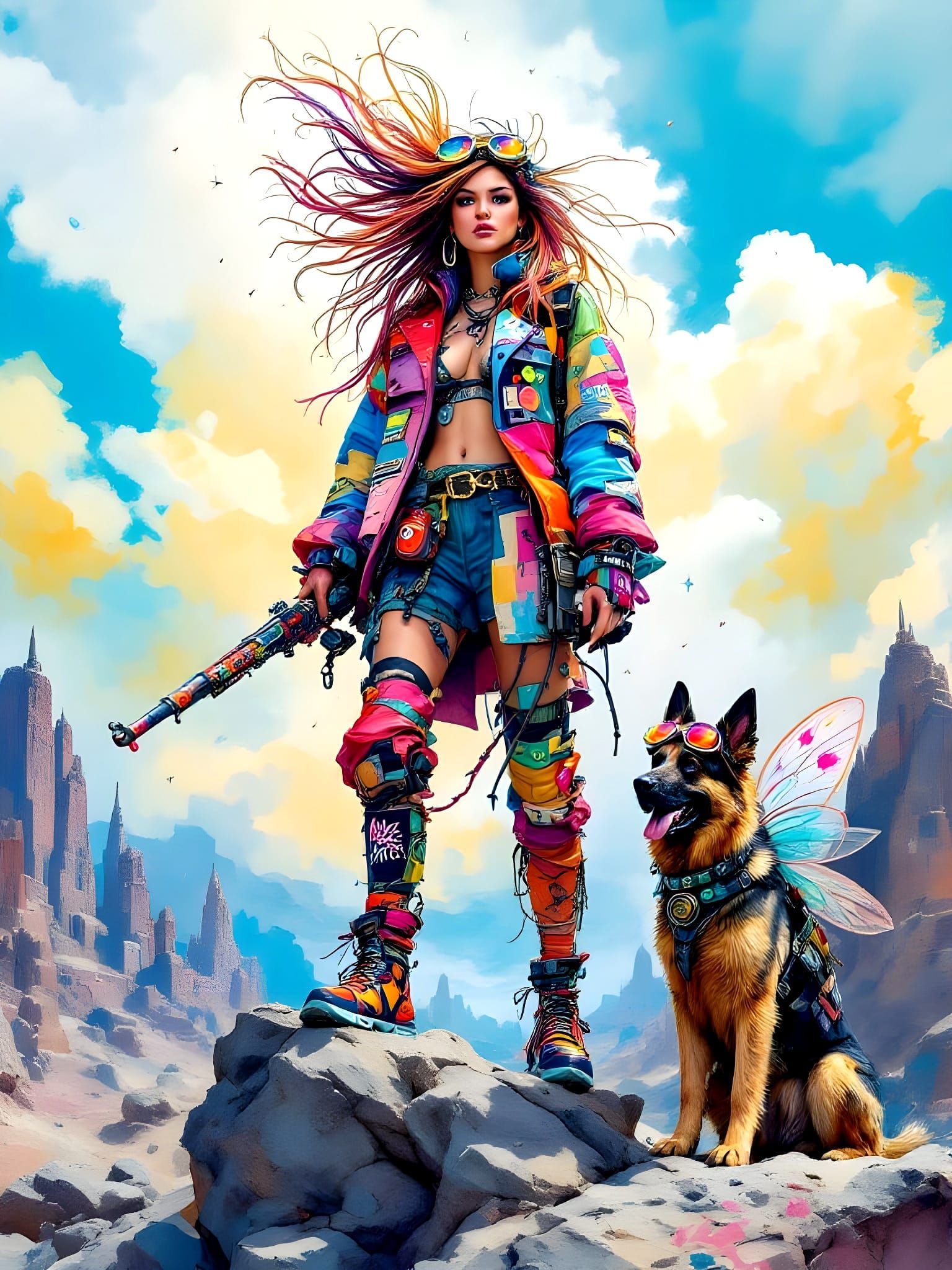 Anarchic Explorer in Post-Apocalyptic Watercolor Landscape