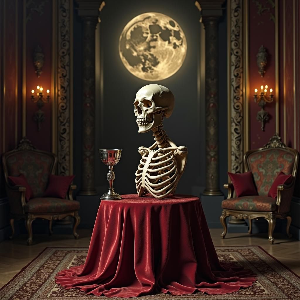 Skull and Chalice in Dimly Lit Manor, Rembrandt Lighting