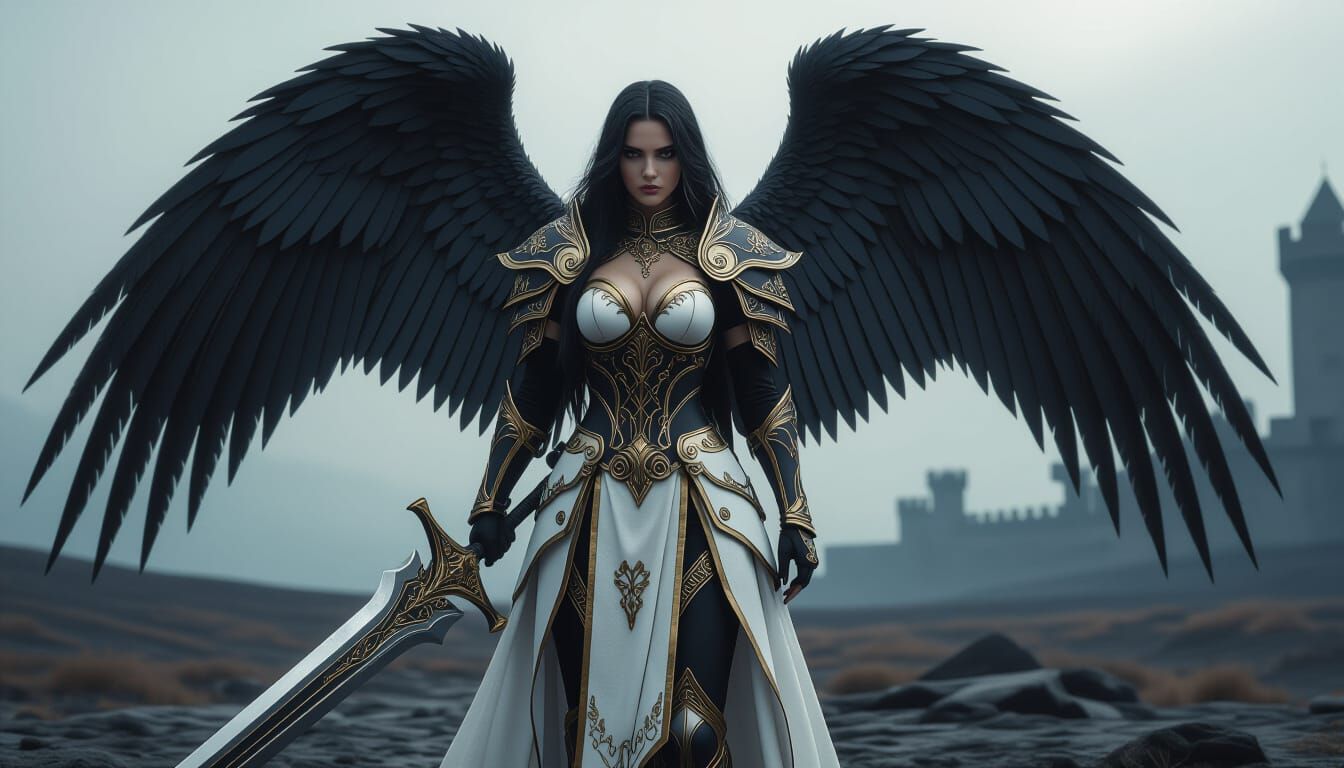 Fallen Angel Warrior With Great Sword in Dark Fantasy Landsc...