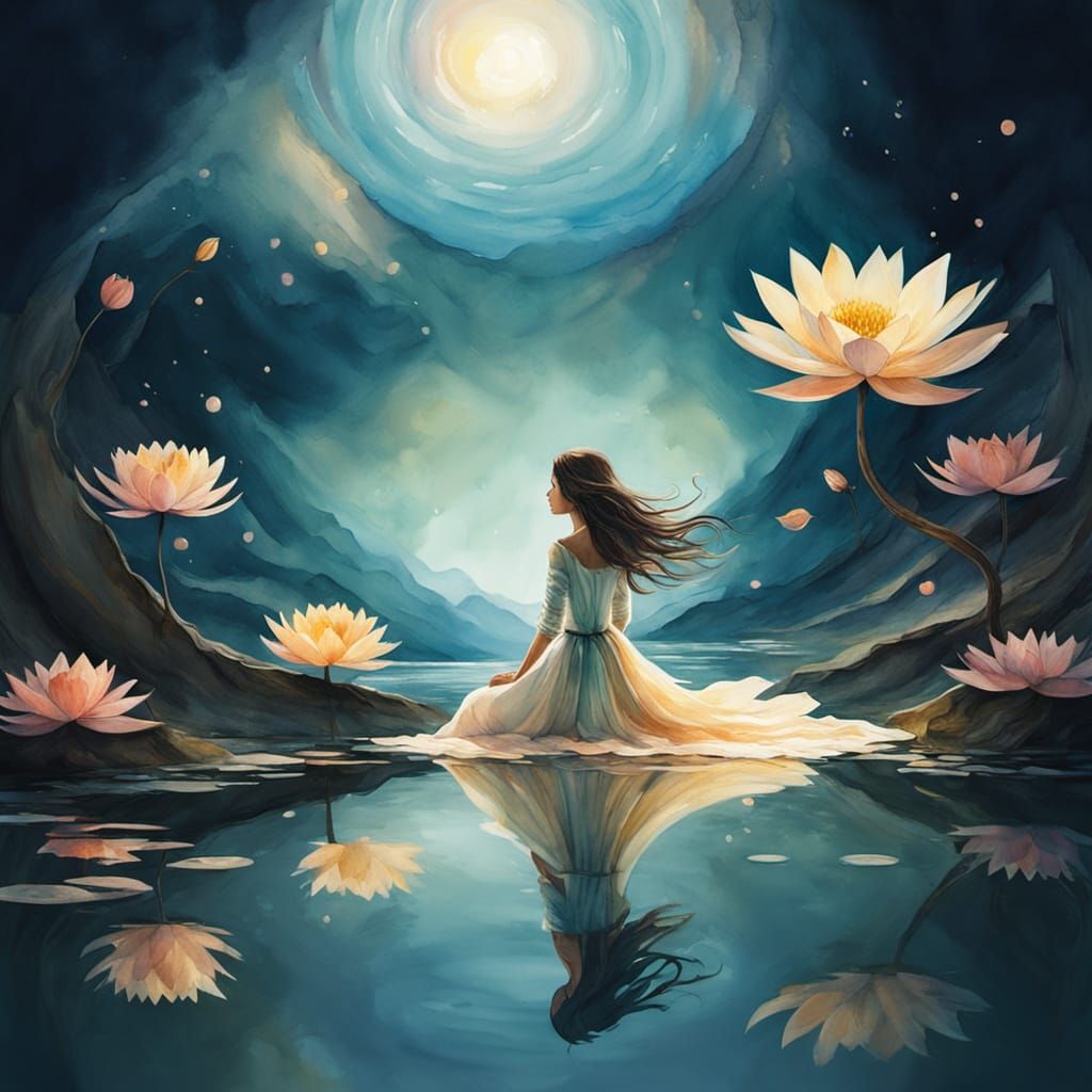 Pisces Woman by Lake in Dreamy Watercolor