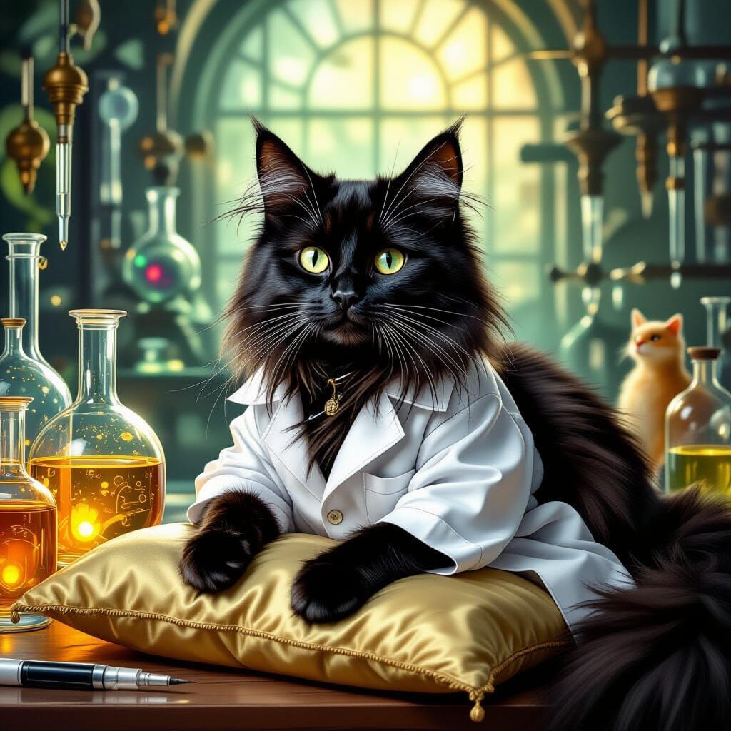 Black Cat's Renaissance Laboratory with Futuristic Equipment