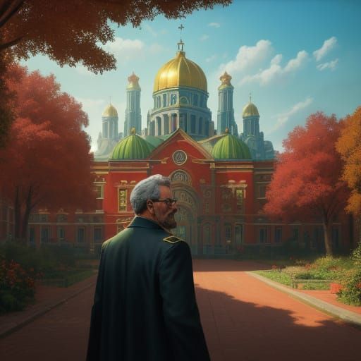 Christian Communist in Utopian City: Oil Painting