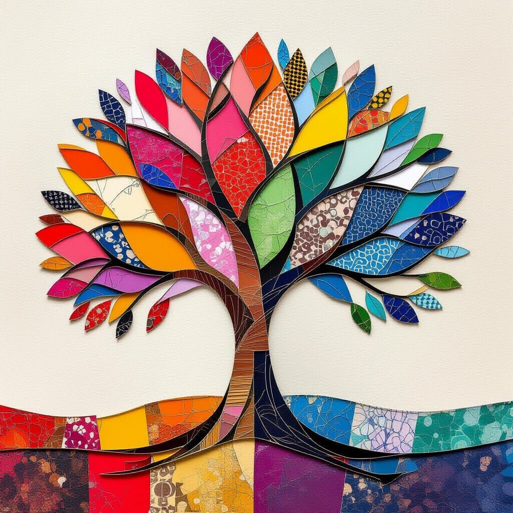 Abstract Collage Tree with Layered Paper Textures