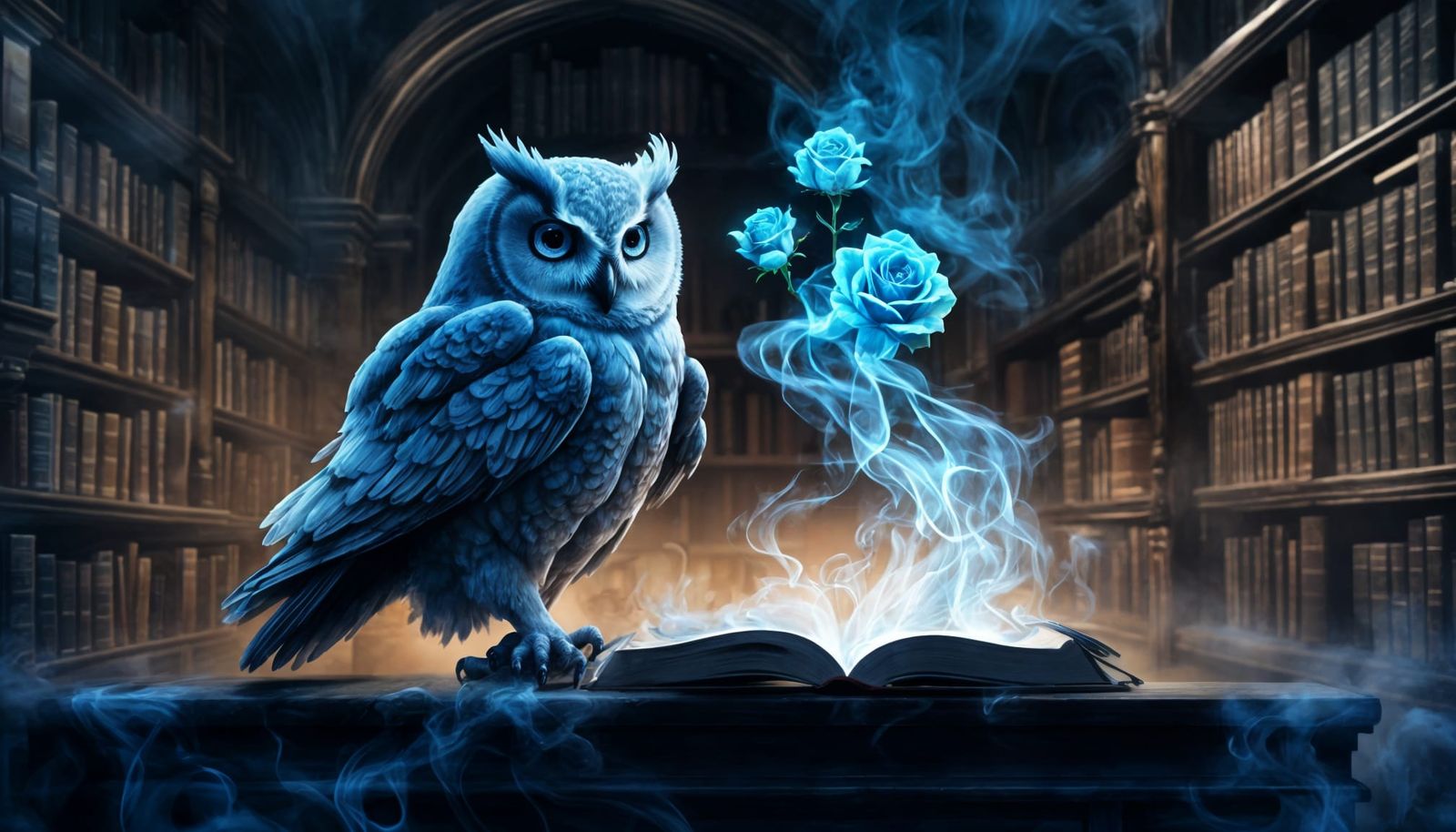 Ghostly Owl and Rose in a Magic Library