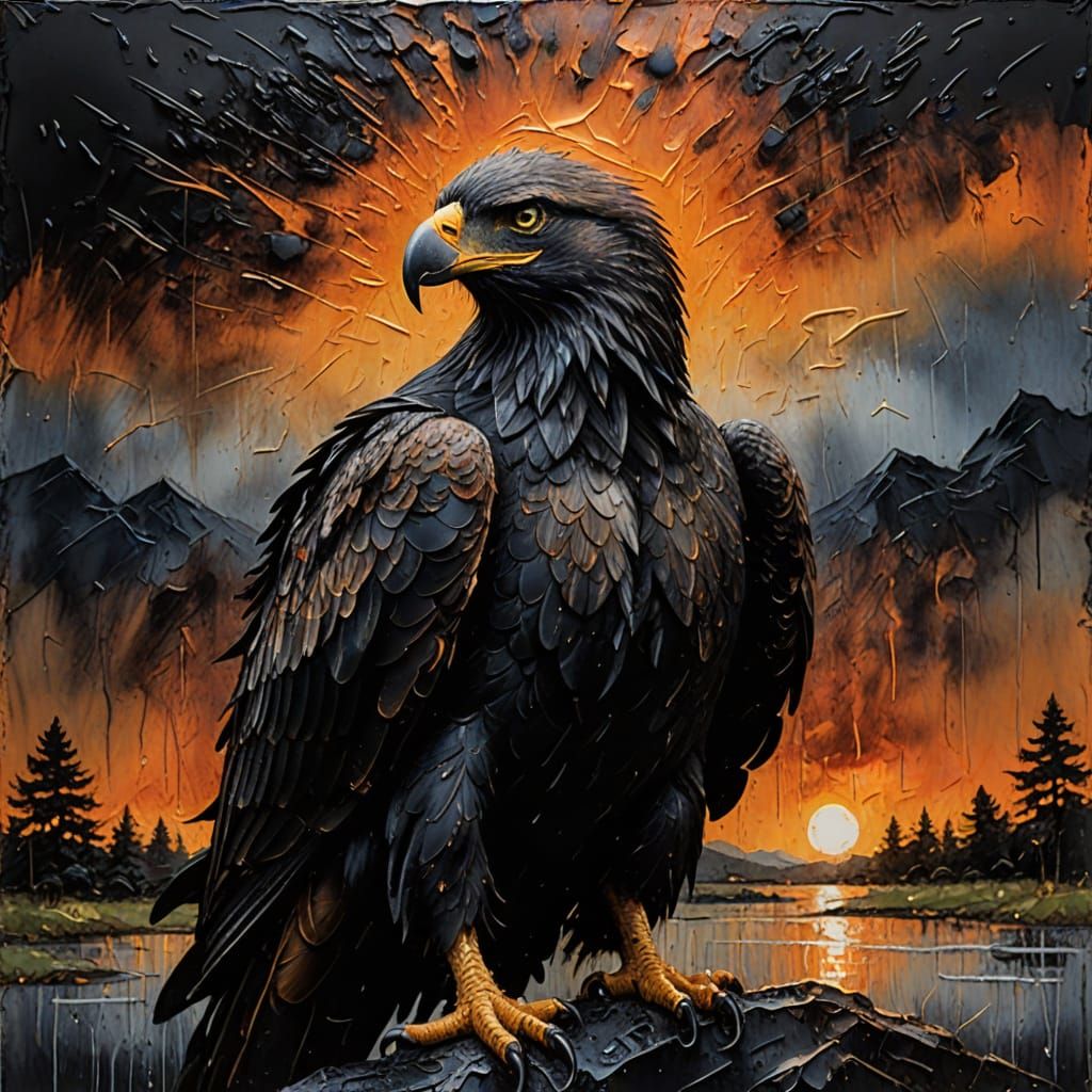 Black Eagle in Rain: Encaustic Impasto Painting