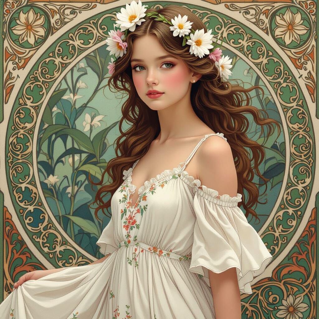 Art Nouveau Girl with Floral Dress and Hair Flowers