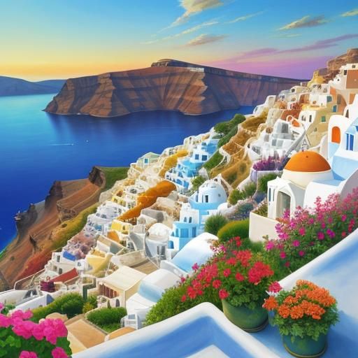 Santorini Sunset: Watercolor Painting of Oia Village
