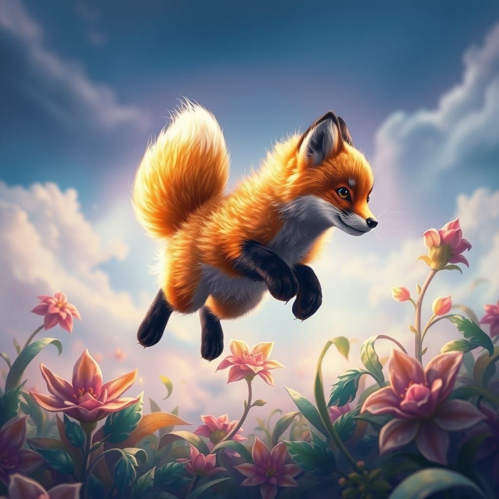 Playful Fox Cub Leaps in Vibrant Whimsy