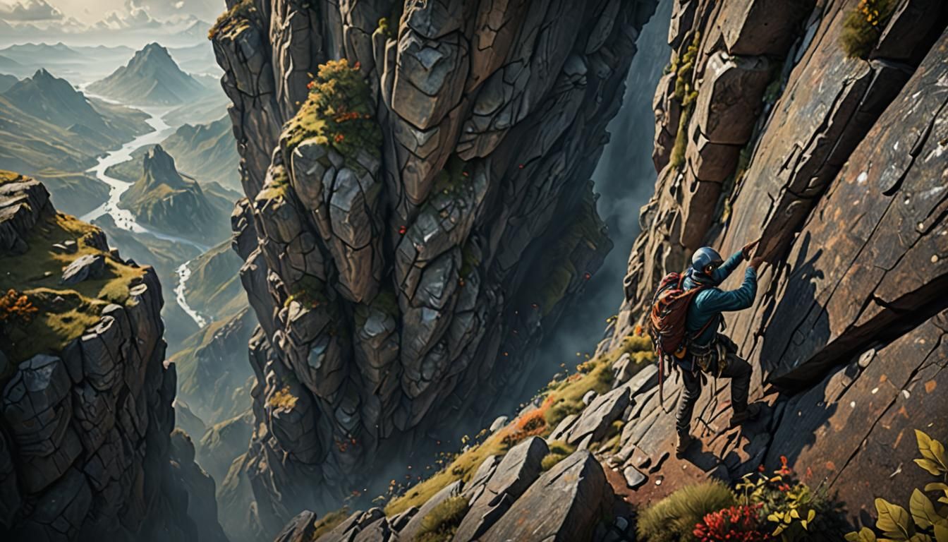 Man Climbing Steep Cliff in Detailed Matte Painting