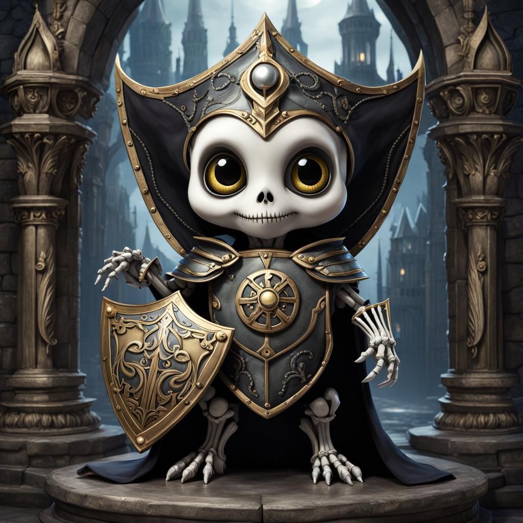 Cute Baby Skeleton Knight in Gothic City