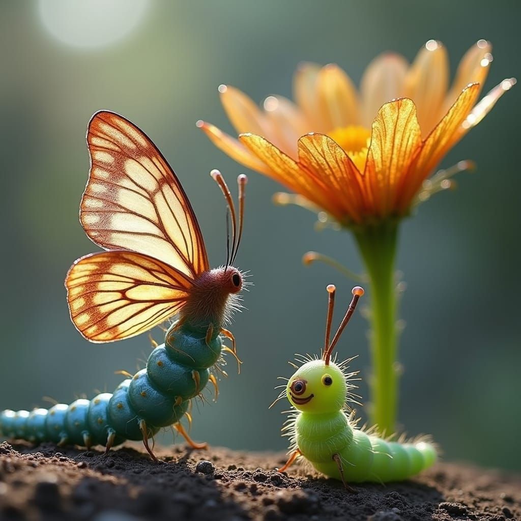 Butterfly and Caterpillar with Glass Flower Sculpture