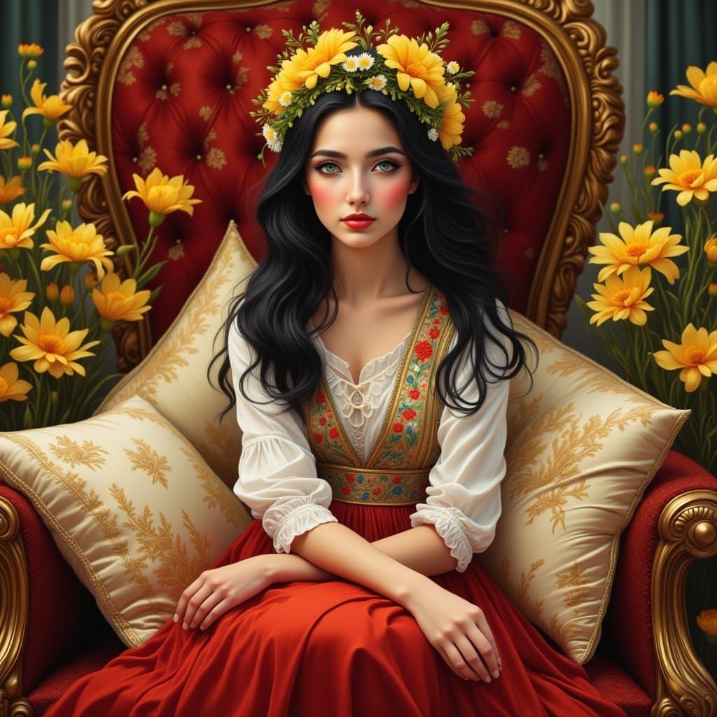 Young Woman in Ukrainian Attire on a Pillow Throne