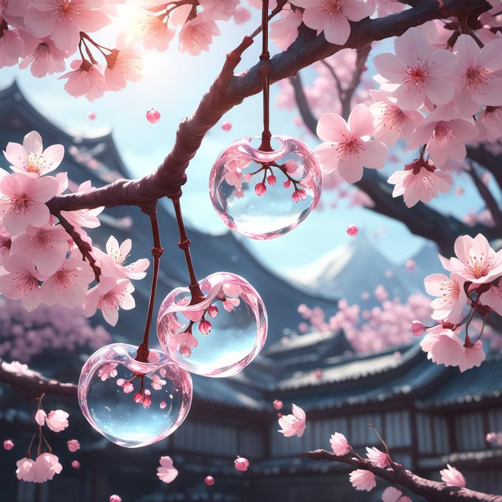 Crystal Cherries on Blossom Tree in 3D Anime Style