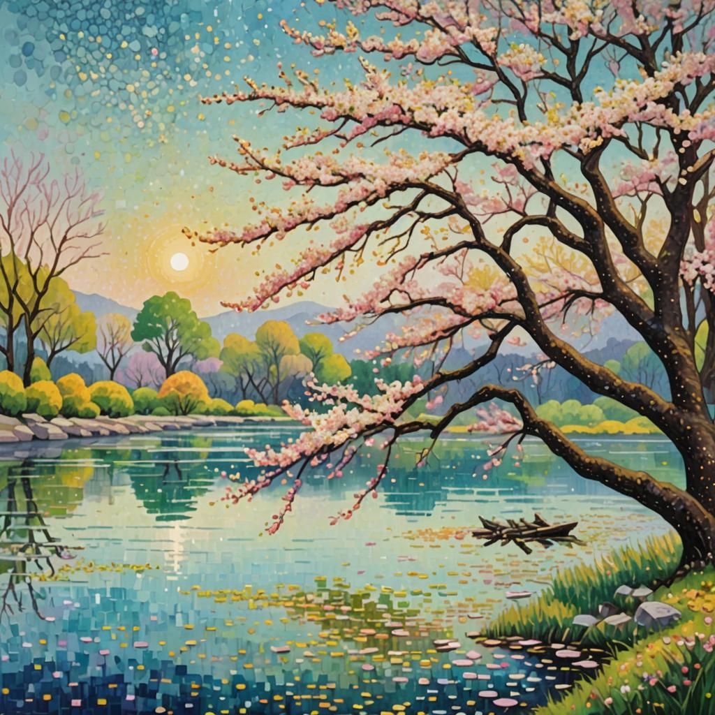 Impressionist Cherry Blossom Landscape in Pointillism Style