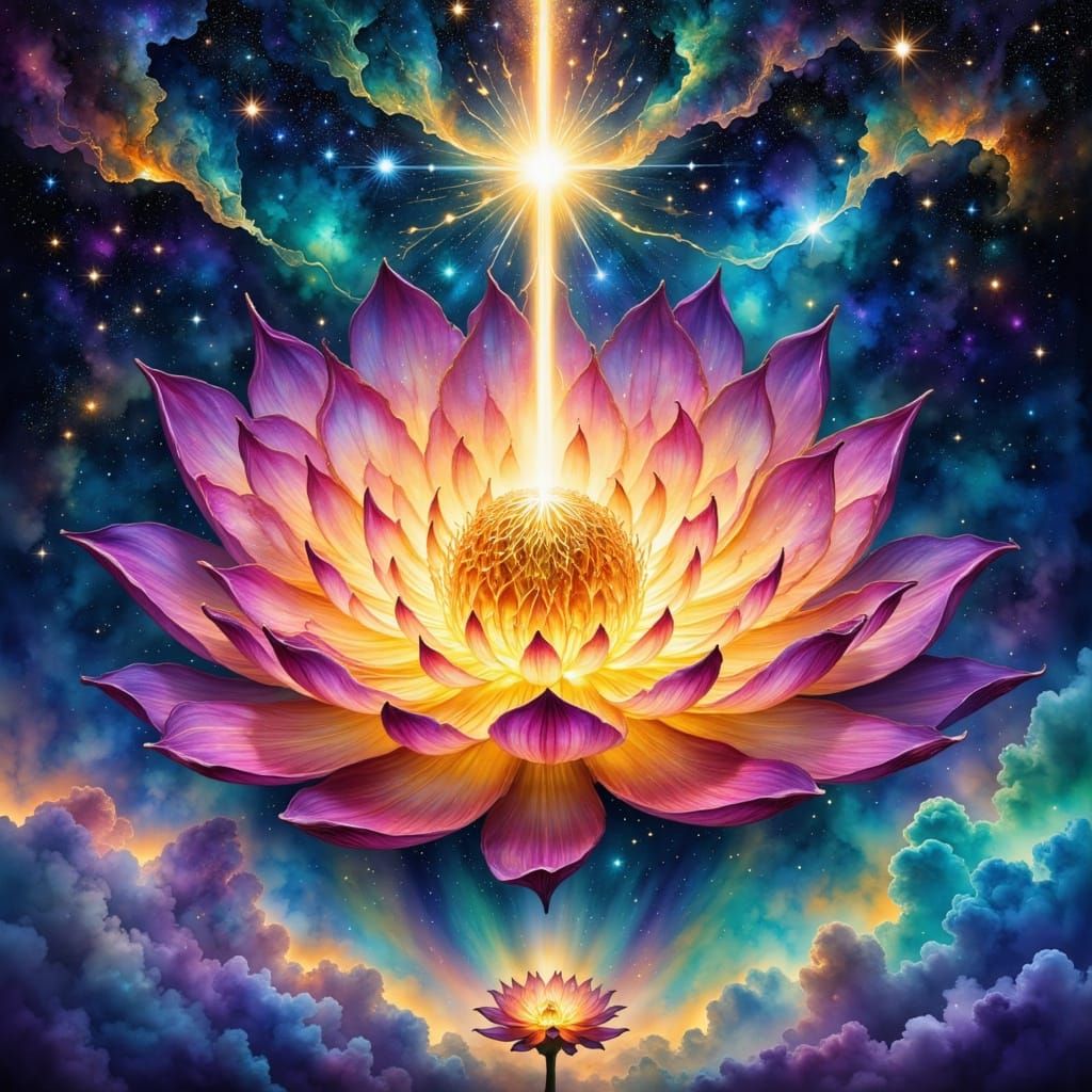 Surreal Celestial Lotus Blooms in Cosmic Night Sky