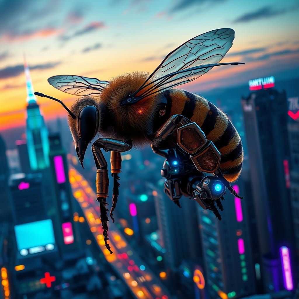 Cyberpunk Bee Cyborg in Futuristic Cityscape