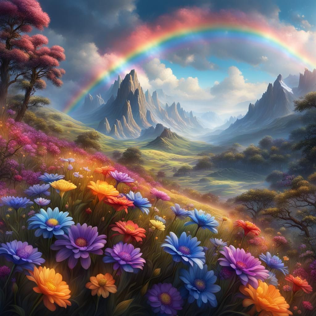 Rainbow Flowers in Mountain Valley: Fantasy Art