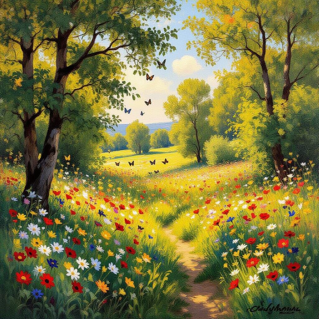 Impressionist Landscape Painting of Butterflies and Wildflow...