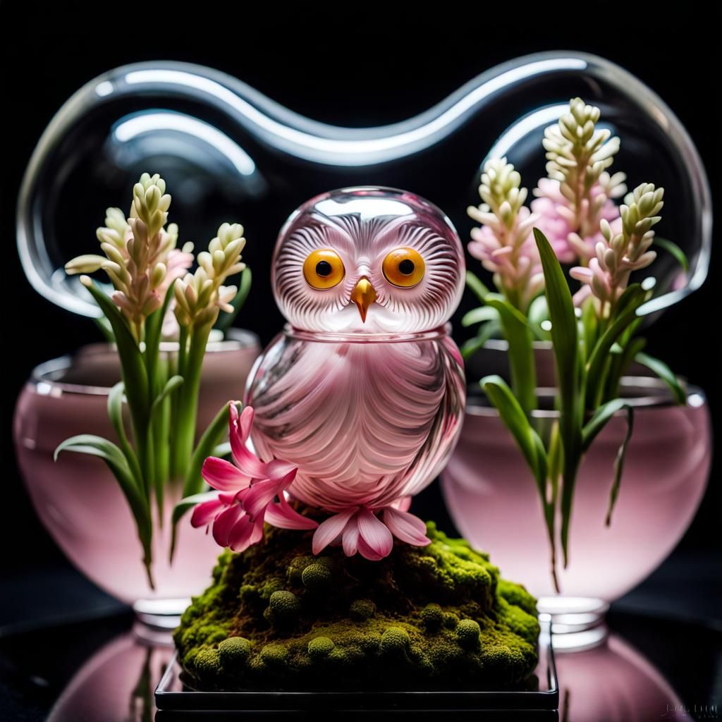Glass Owl with Pink Hyacinths, Art Nouveau Style