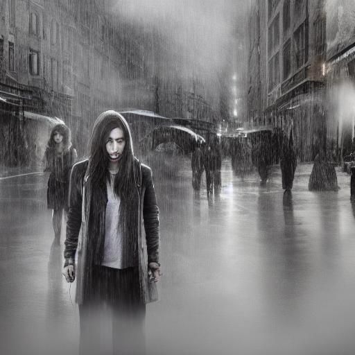 Anime Girl in Rainy Cityscape: Cinematic Black and White