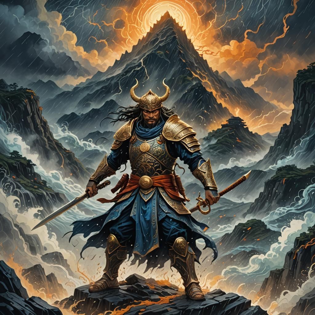 Heroic Fantasy Warrior in Woodblock Style