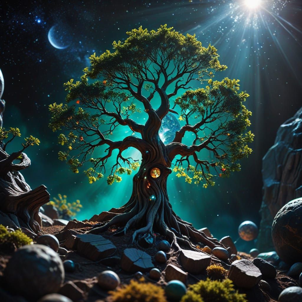 Surreal Cosmic Tree of Life in Dark Space with Stars