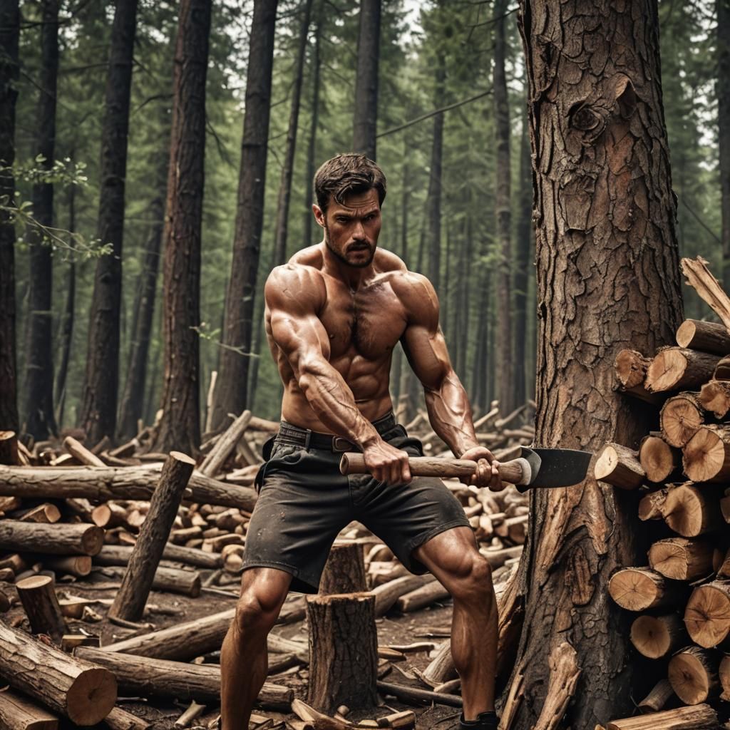 Muscular Man Splitting Wood in Hyperrealistic Photo