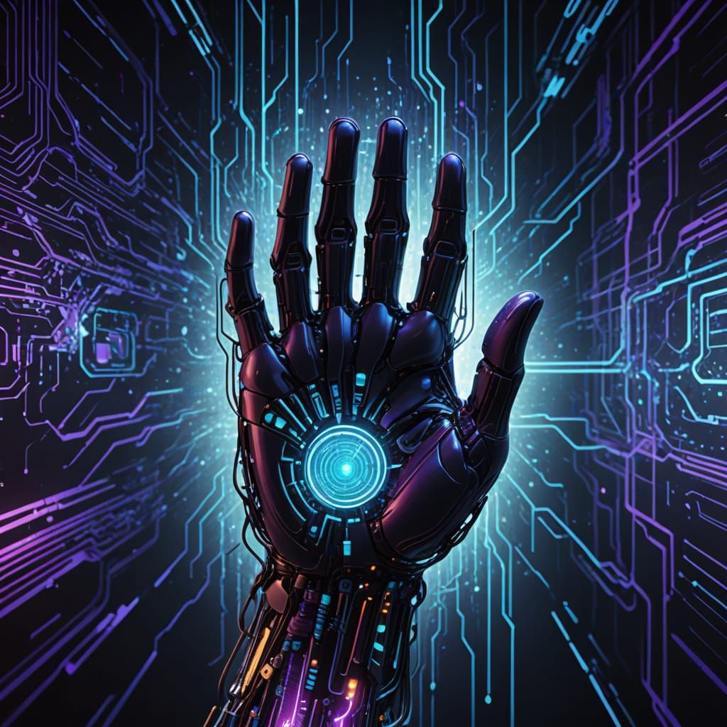 Hand Emerging From Data Streams in Sci-Fi Art