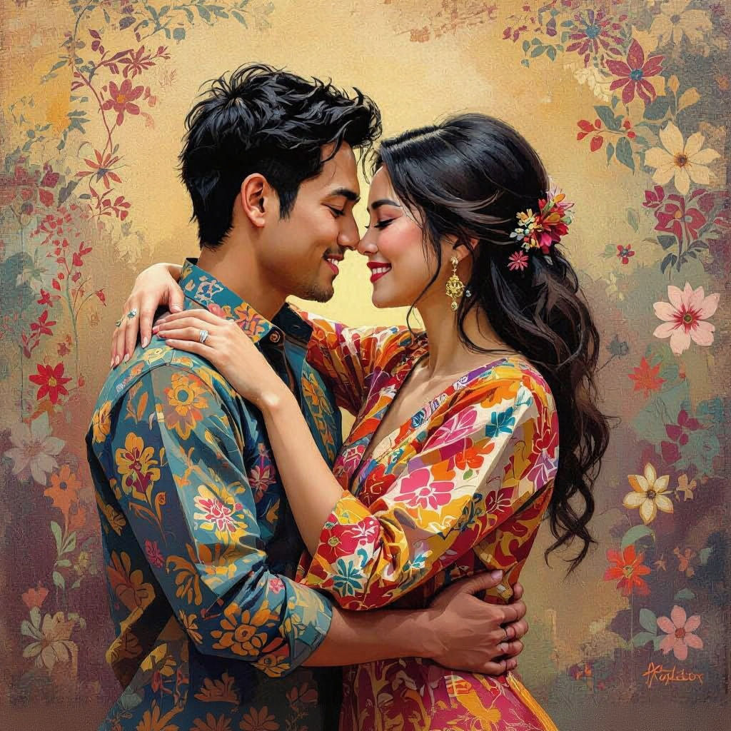 Indonesian Couple's Tender Kiss in Vibrant Cultural Setting